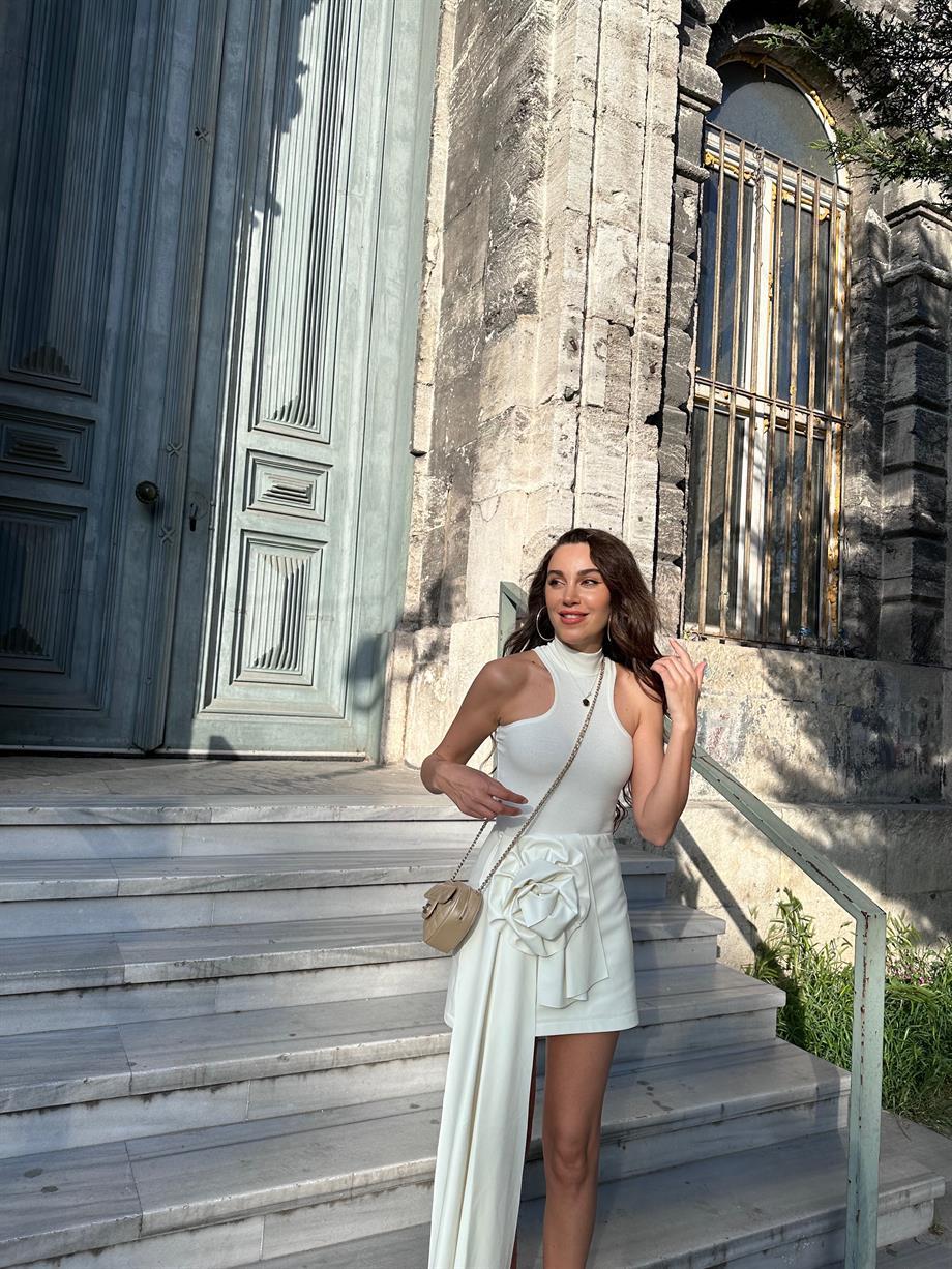 Rose Deri Mini Etek Beyaz