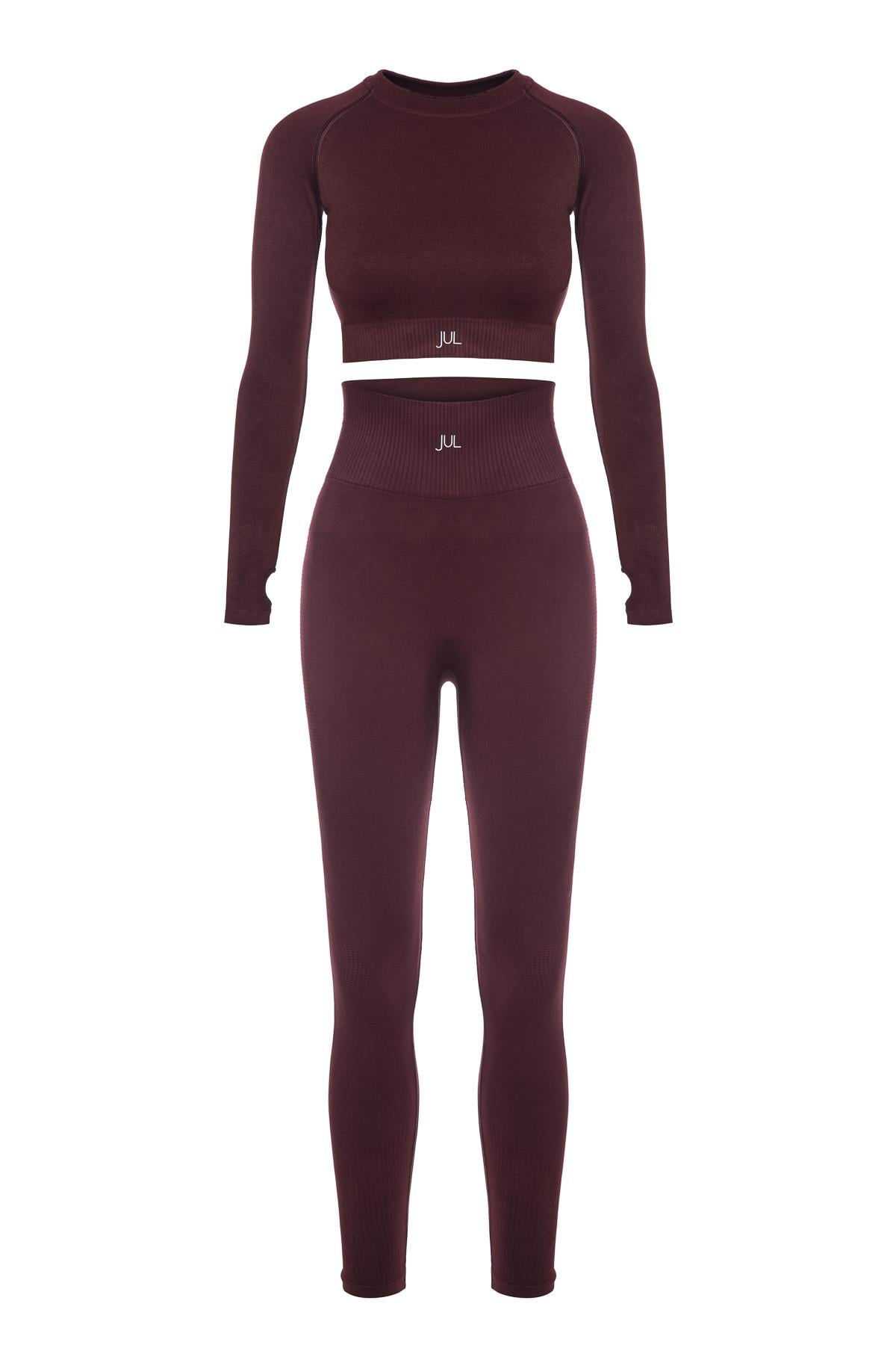 Uzun Kollu Crop Top - Tayt Takım Mat Bordo