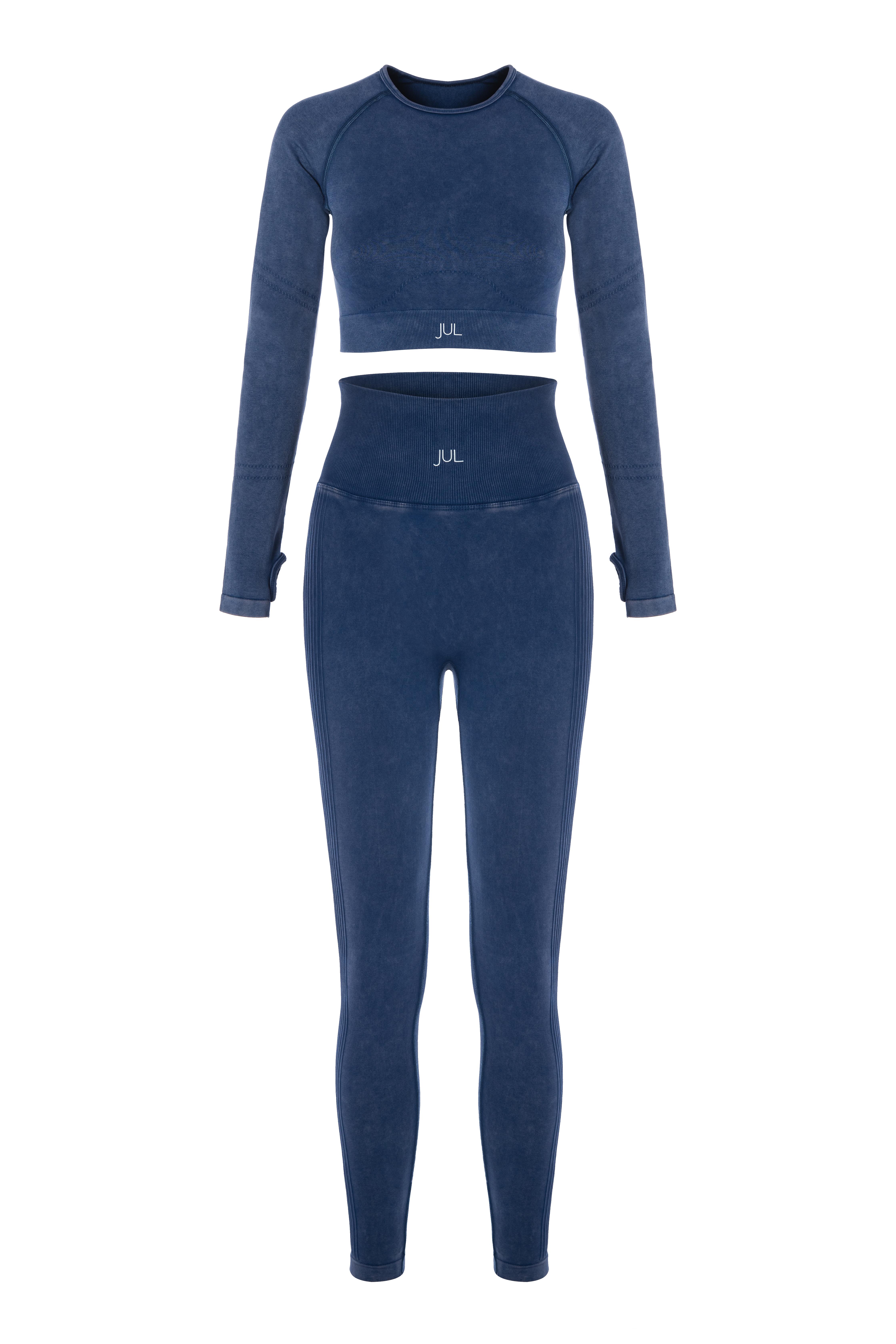 Uzun Kollu Crop Top - Tayt Takım Mavi