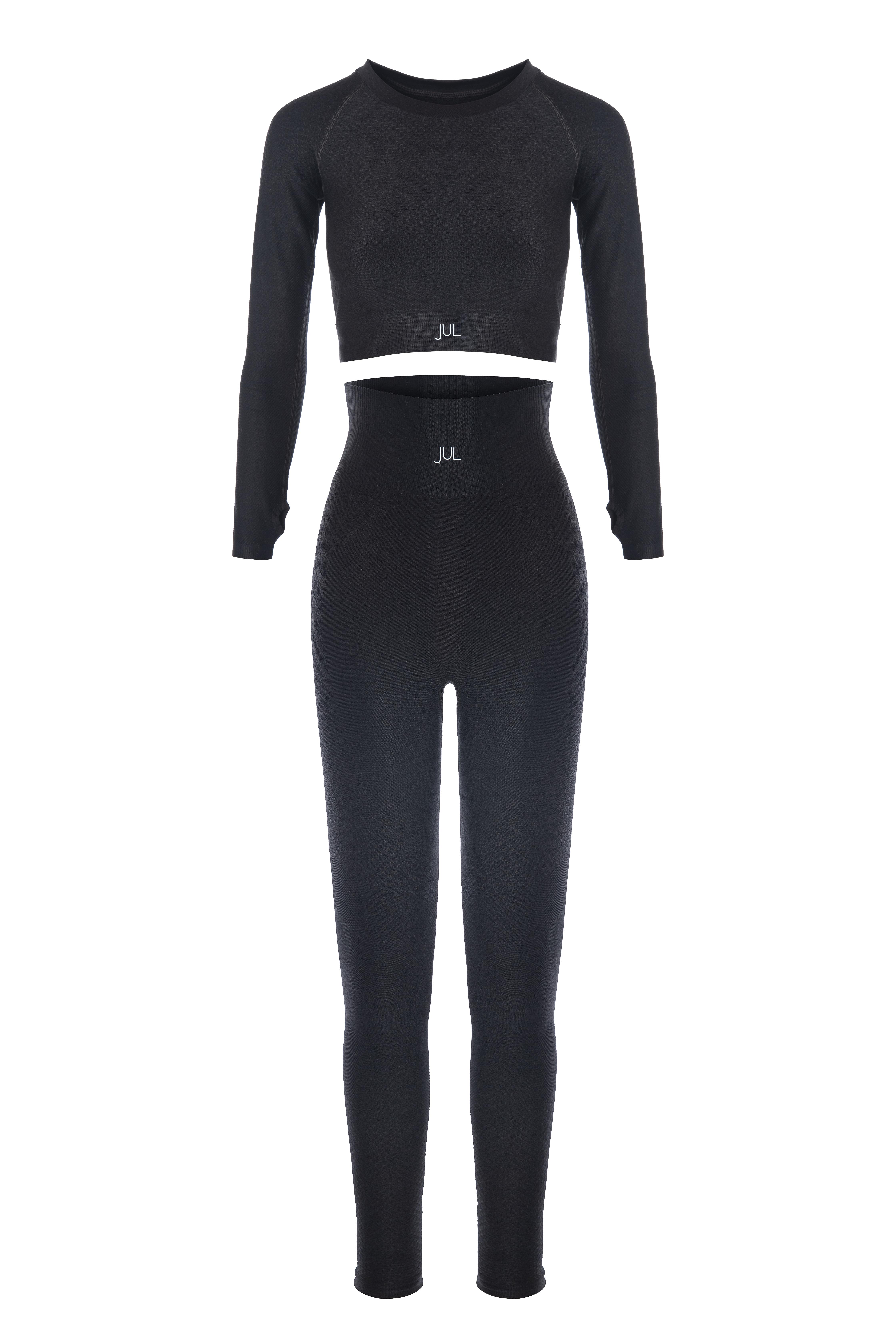 Uzun Kollu Crop Top - Tayt Takım Siyah
