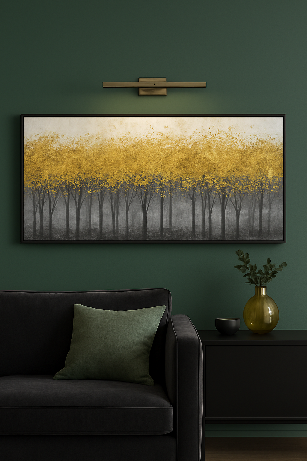 50x150 cm Gold Detaylı Ağaç Manzara Tasviri Yağlı Boya Dokulu Tablo