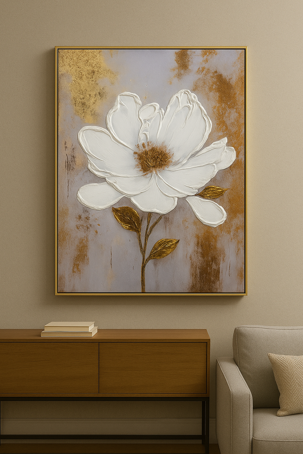 60x90 cm Gold Beyaz Çiçek 3D Yağlı Boya Dokulu Tablo