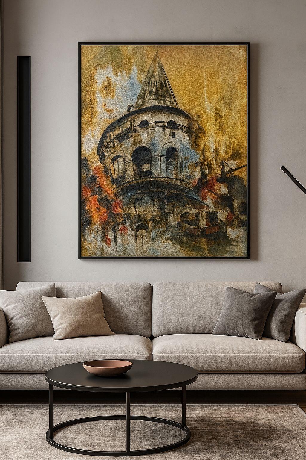 60x90 cm Renkli Galata Kulesi Yağlı Boya Dokulu Tablo