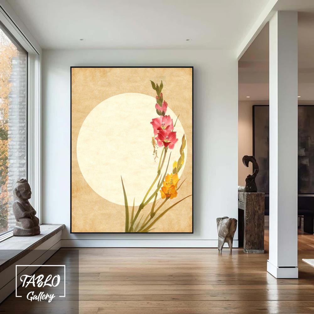 Bej Daire Fon Üzerinde Pembe Çiçek Dalı Kanvas Tablo