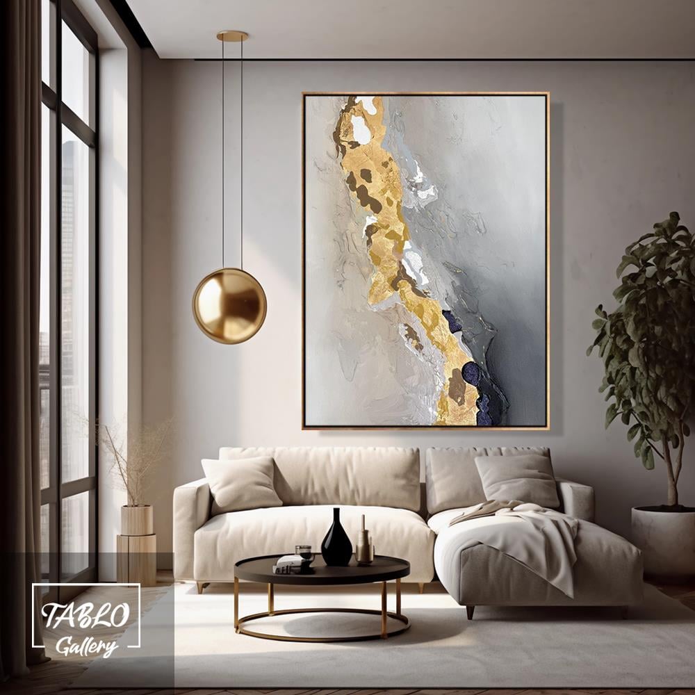 Bej Gold Gri Geçişli Soyut 3D Yoğun Yağlı Boya Dokulu Tablolar