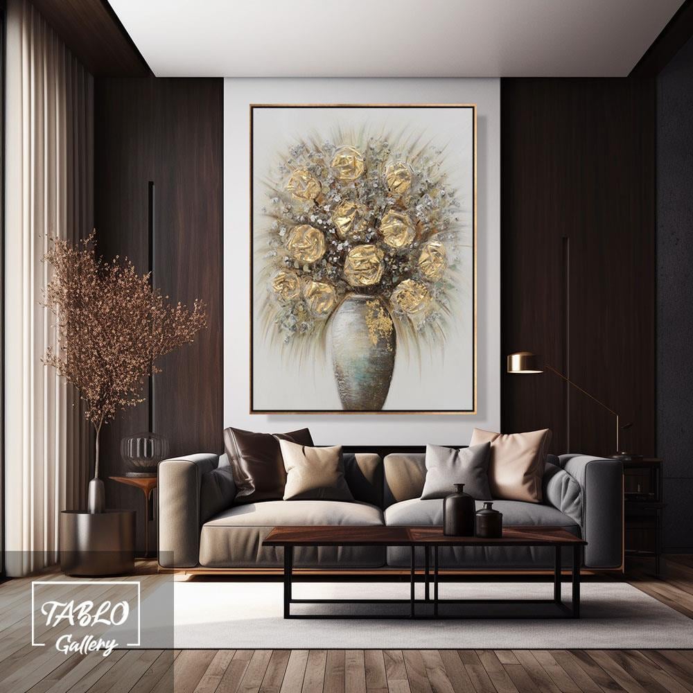 Bej ve Gold Tonları Vazo Çiçek Aranjmanı 3D Yoğun Yağlı Boya Dokulu Tablolar