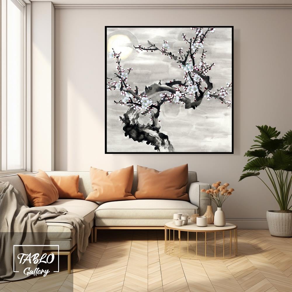 Beyaz Çiçekli Dallar Kanvas Tablo