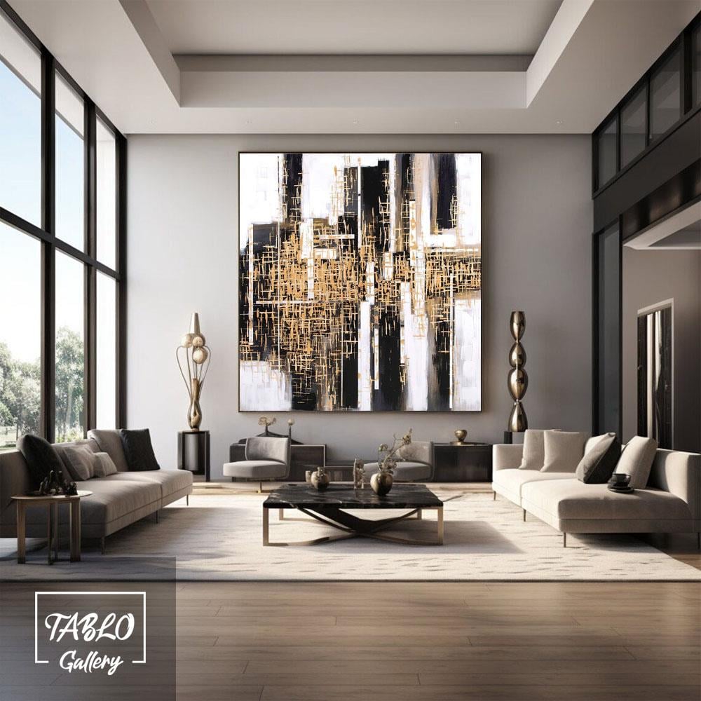 Beyaz Fon Üzerinde Siyah Gold Geometrik Şekiller Soyut Yağlı Boya Tablo