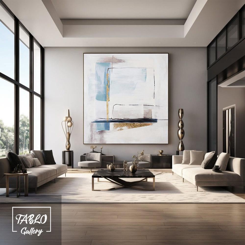 Beyaz Mavi Lacivert Gold Bej Fırça Darbeleri Soyut Yağlı Boya Tablo