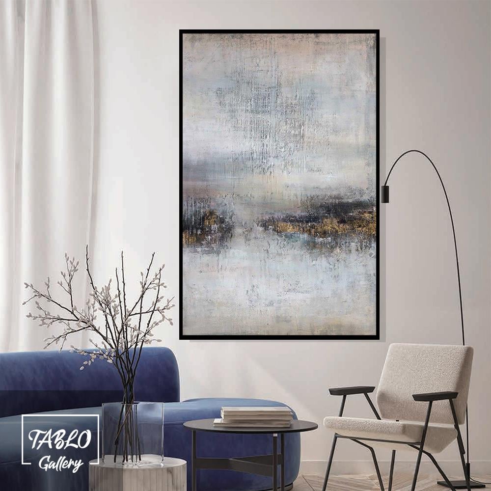 Beyaz Tuval Üzerine Mavi Yansımalar Soyut Yağlı Boya Dokulu Tablo