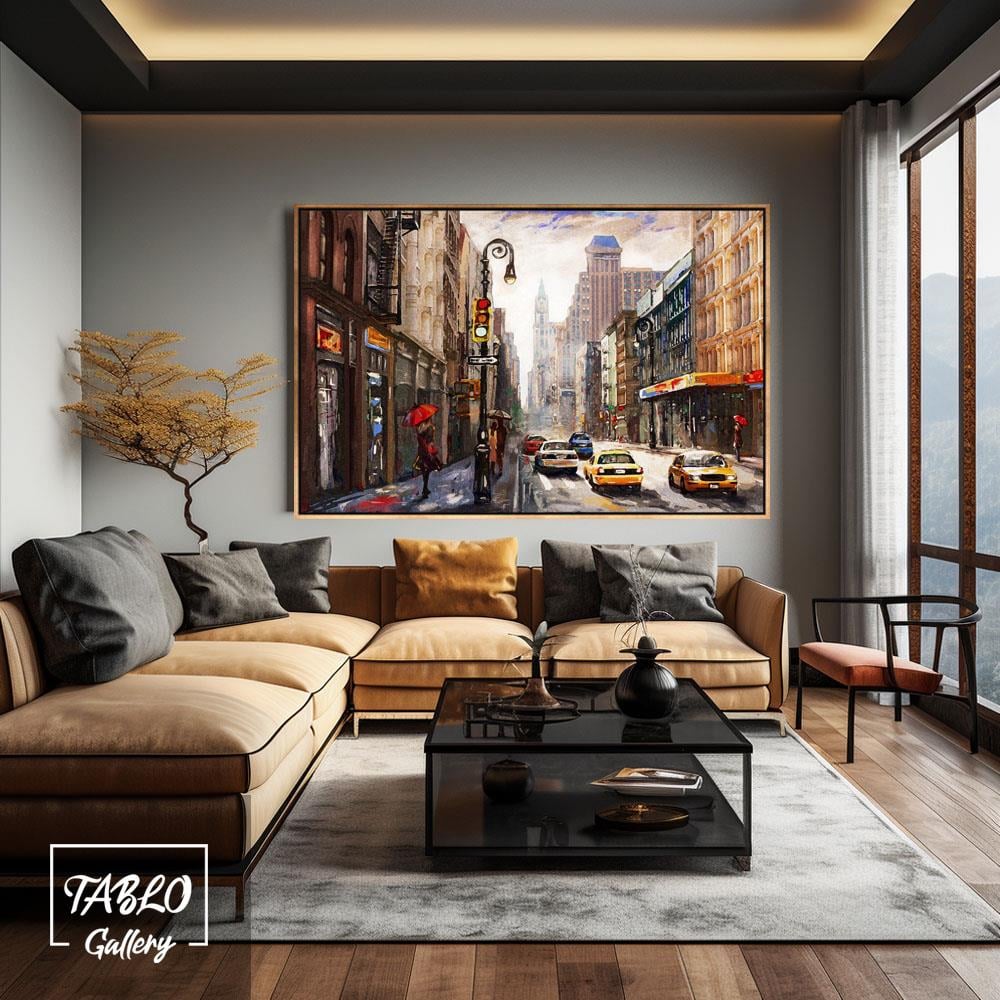 Cadde insanlar ve Arabalar Şehir Manzarası Yağlı Boya Dokulu Tablo