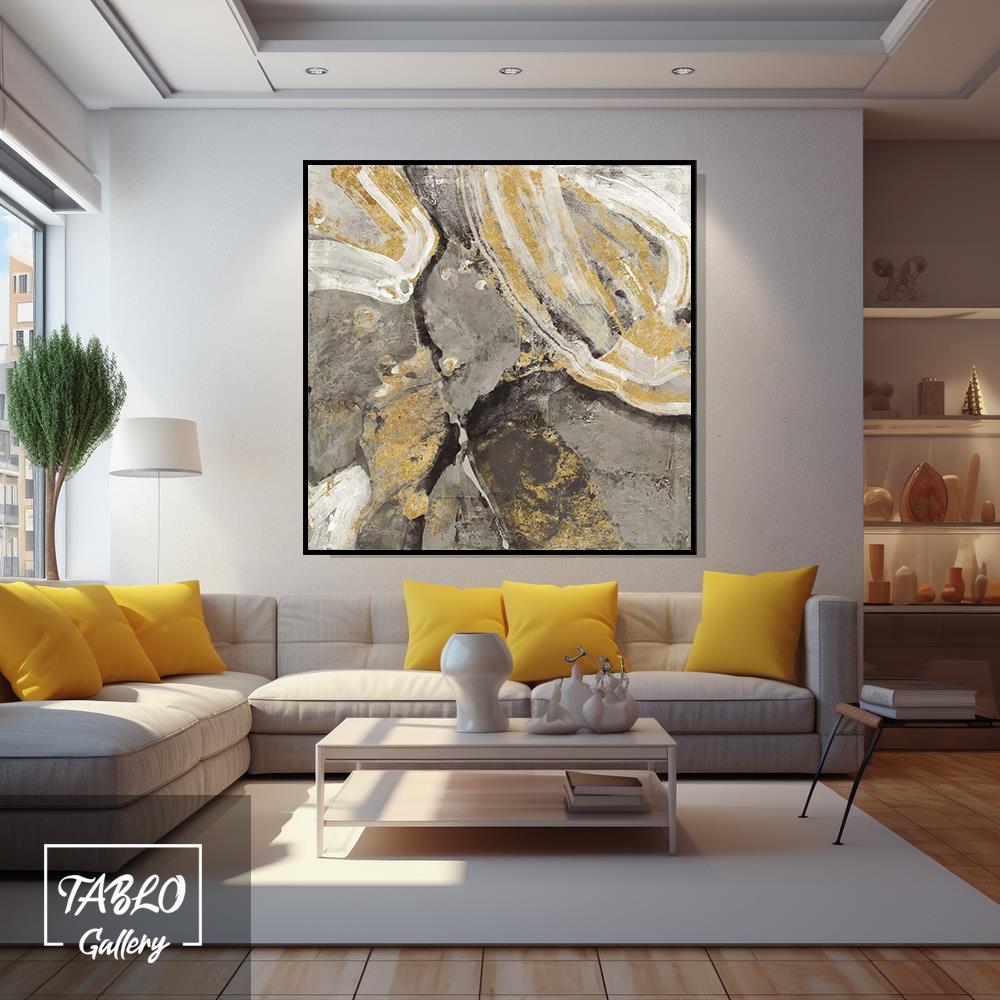 Gri Bej Gold Soyut Yağlı Boya Dokulu Tablo