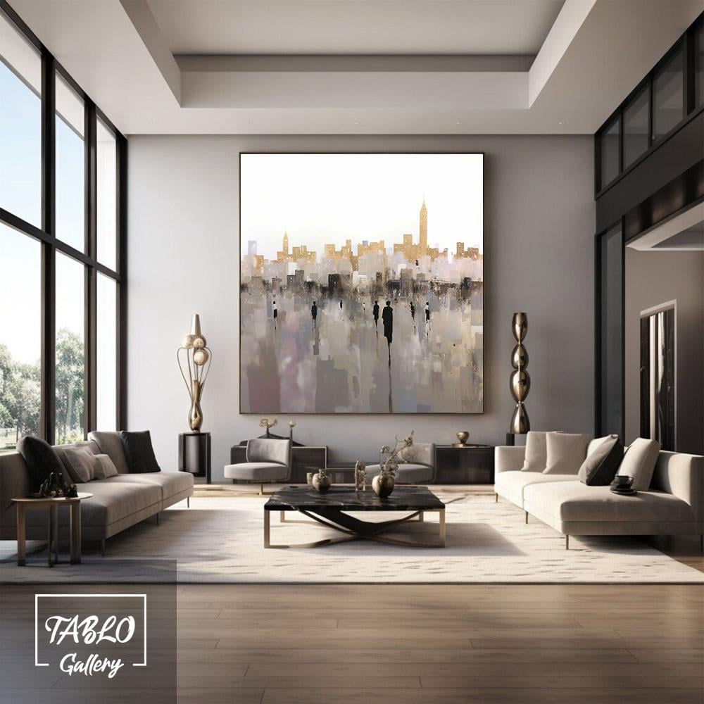 Gri Beyaz Gold Şehir Silüeti Soyut Yağlı Boya Tablo