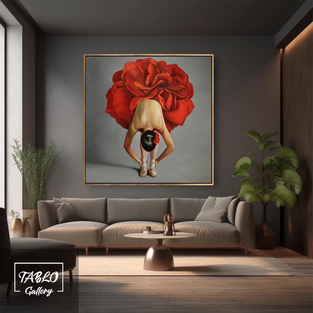 Gri Fon Üzerinde Kırmızı Elbiseli Balerin Yağlı Boya Tablo