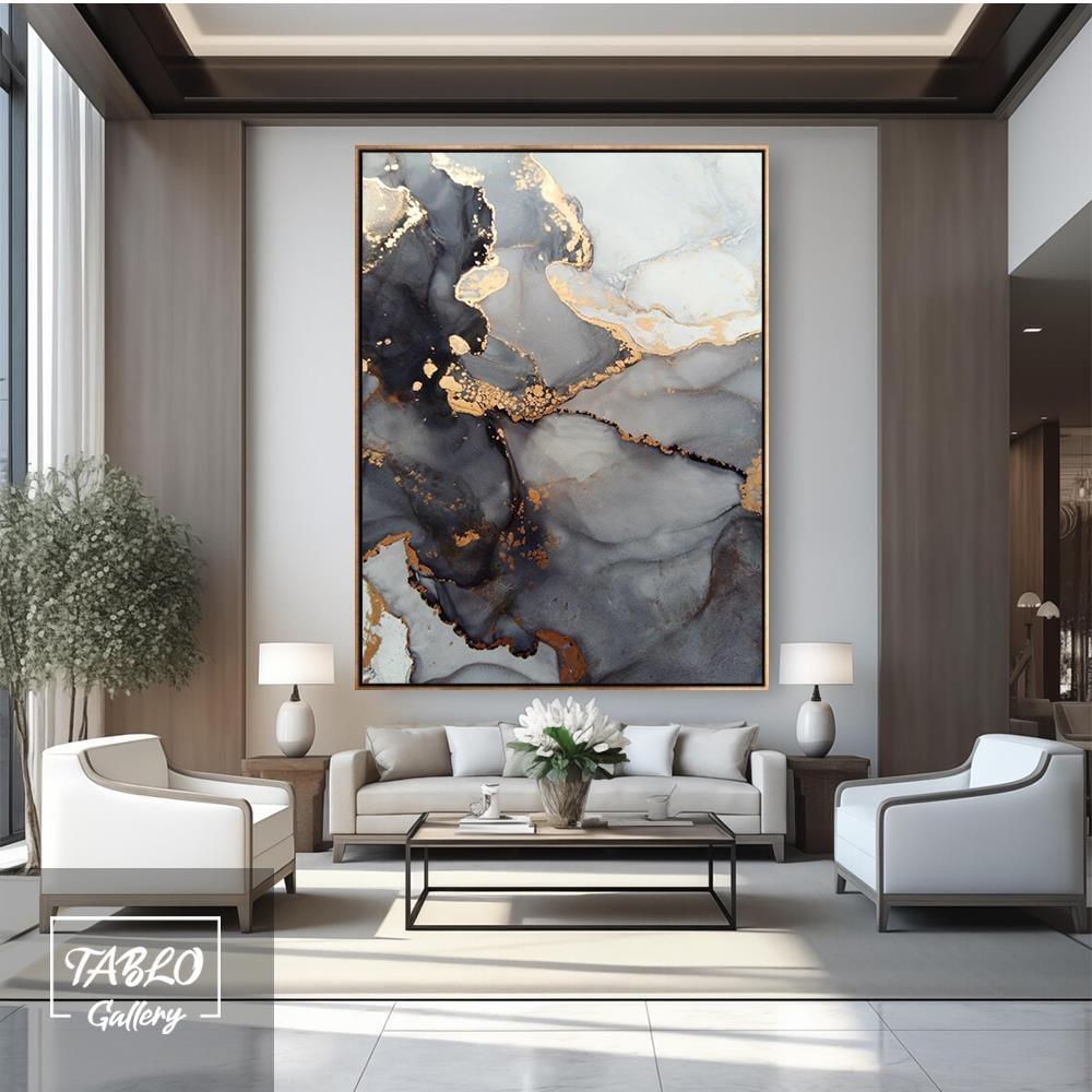 Gri Tonları ve Gold Soyut Yağlı Boya Tablo