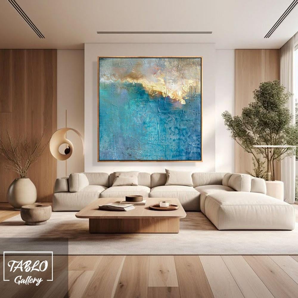 Mavi Bej Gold Geçişli Soyut Yağlı Boya Tablo