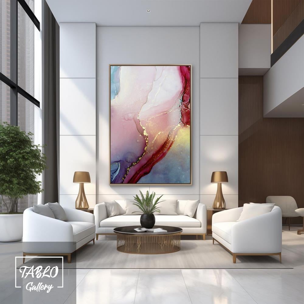 Mavi Pembe Fuşya Gold Soyut Yağlı Boya Dokulu Tablo