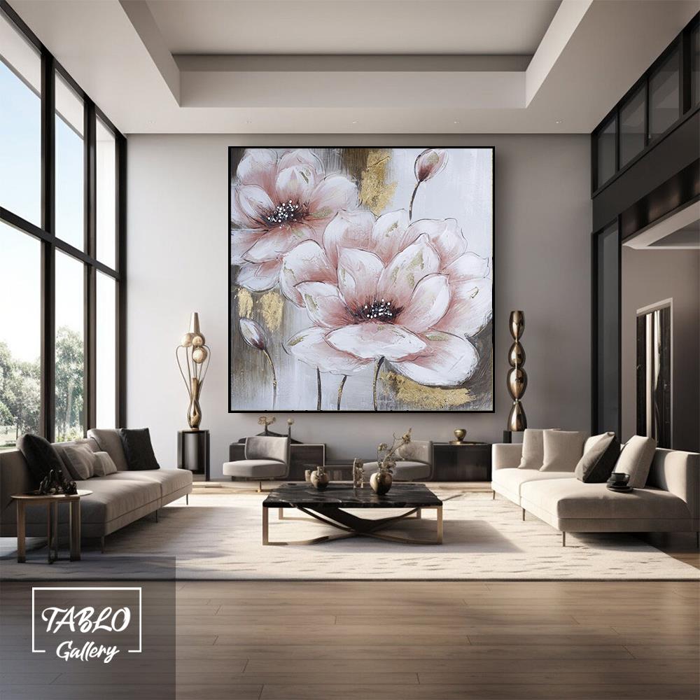 Pembe Gold Çiçekler Yağlı Boya Dokulu Tablo