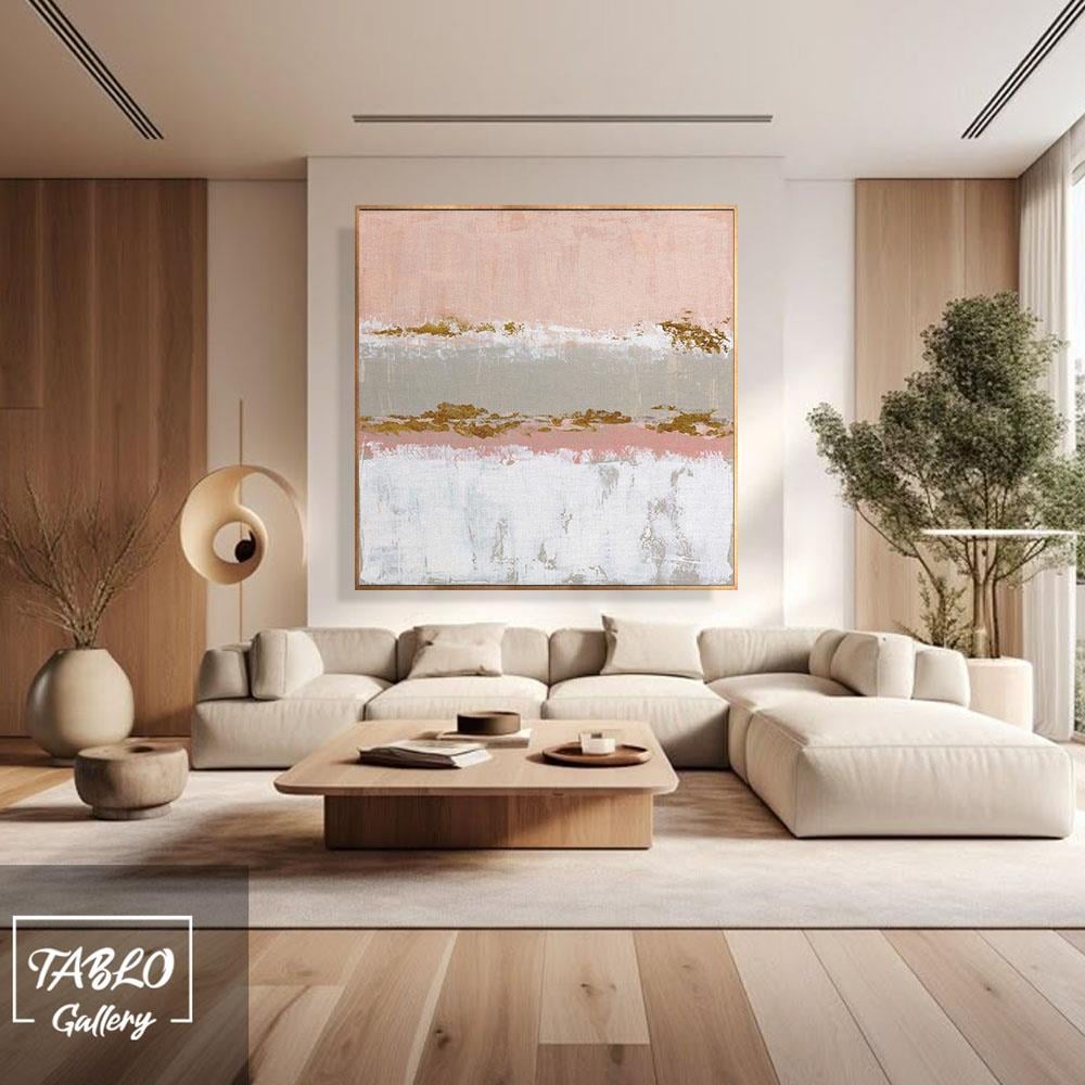 Pembe Gri Bej Gold Geçişli Soyut Yağlı Boya Tablo