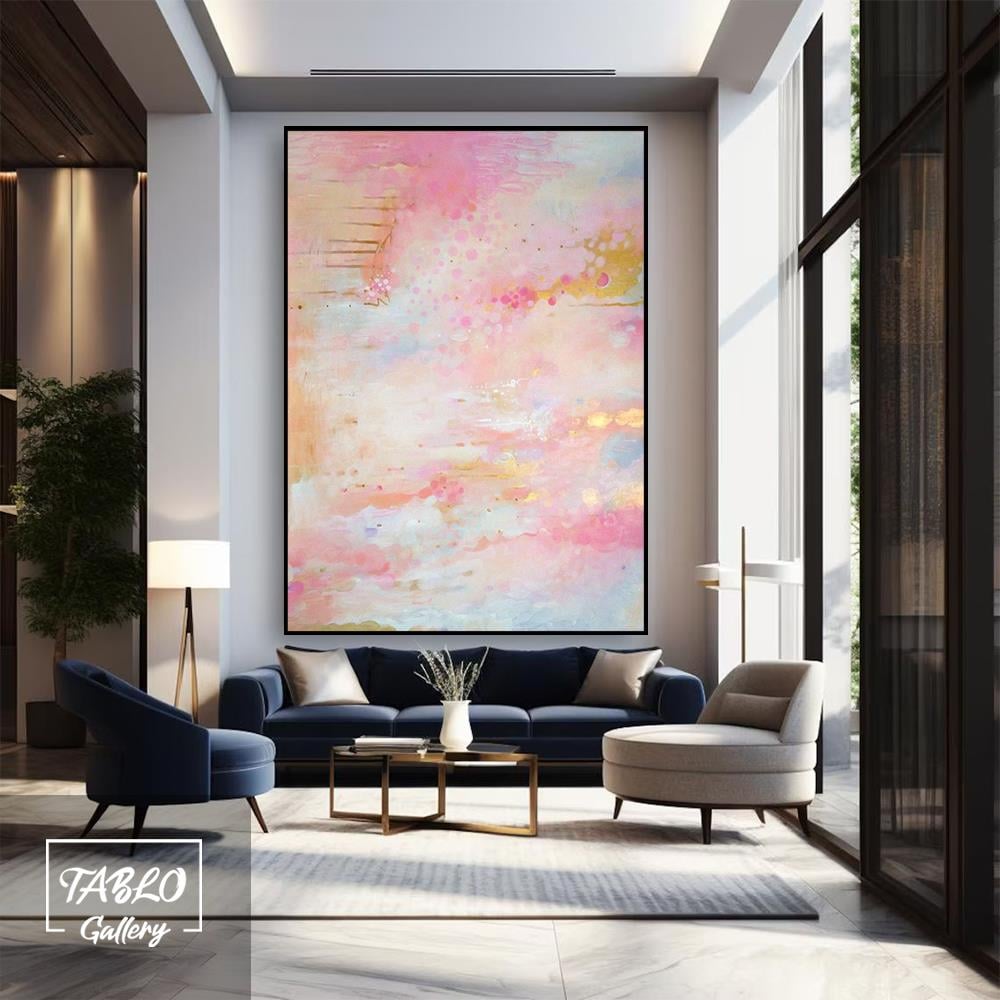 Pembe Mavi Gold Geçişli Soyut Yağlı Boya Tablo