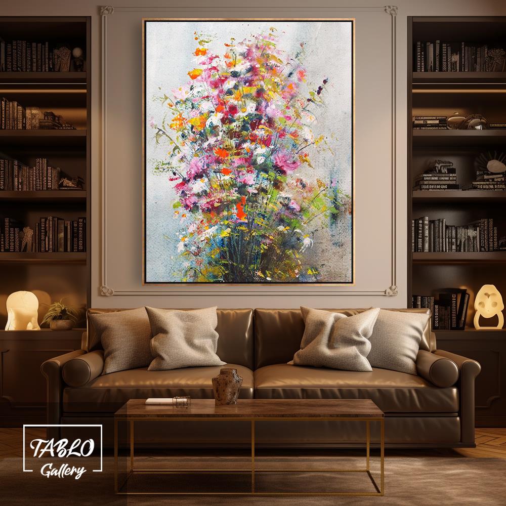 Renkli Çiçek Aranjman Yağlı Boya Dokulu Tablo