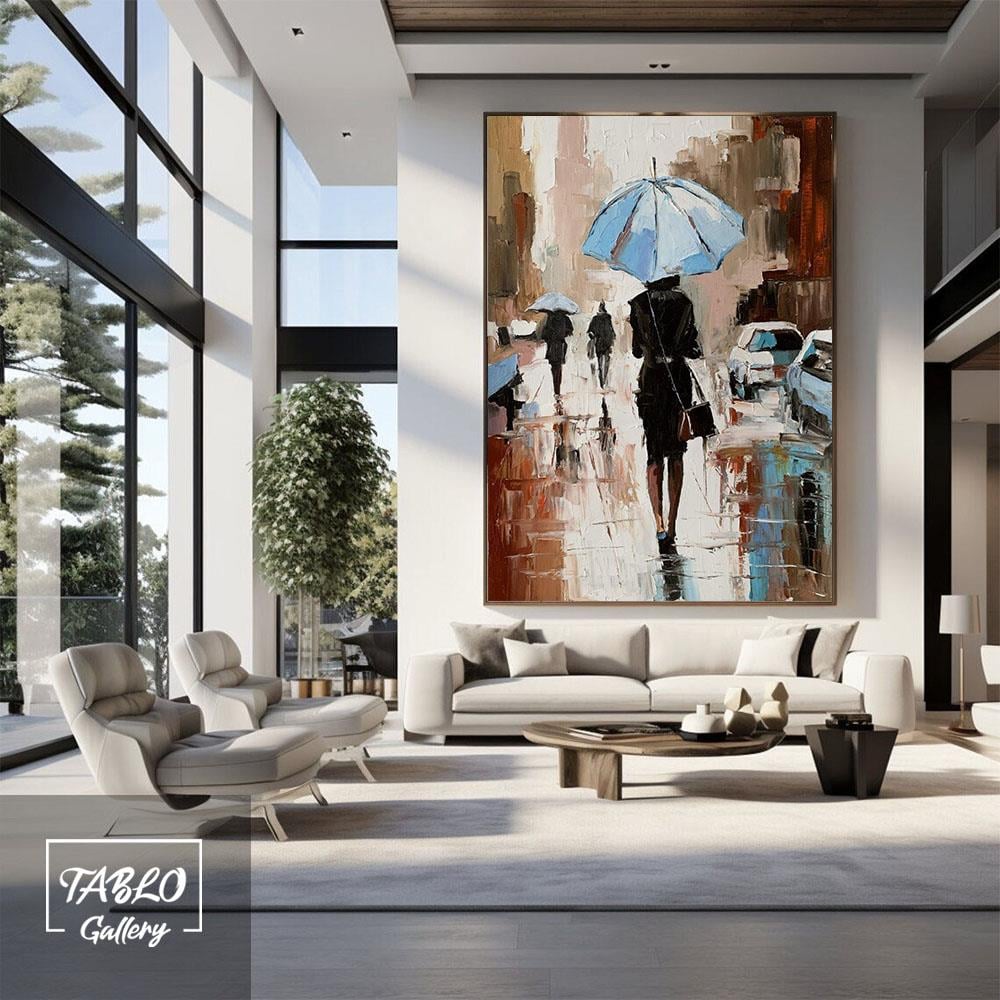 Şehir Cadde Mavi Şemsiyeli İnsan Figürleri 3D Yoğun Yağlı Boya Dokulu Tablolar