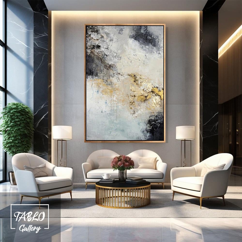Siyah Bej Gold Soyut Yağlı Boya Dokulu Tablo