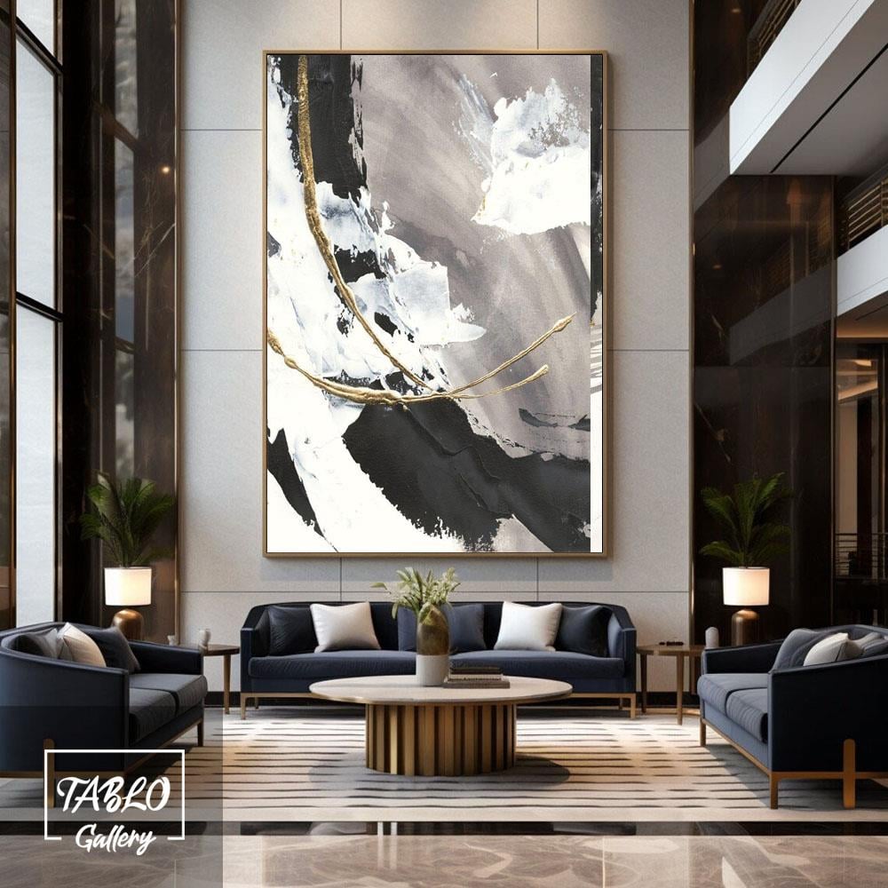 Siyah Beyaz Gold Soyut Yağlı Boya Tablo