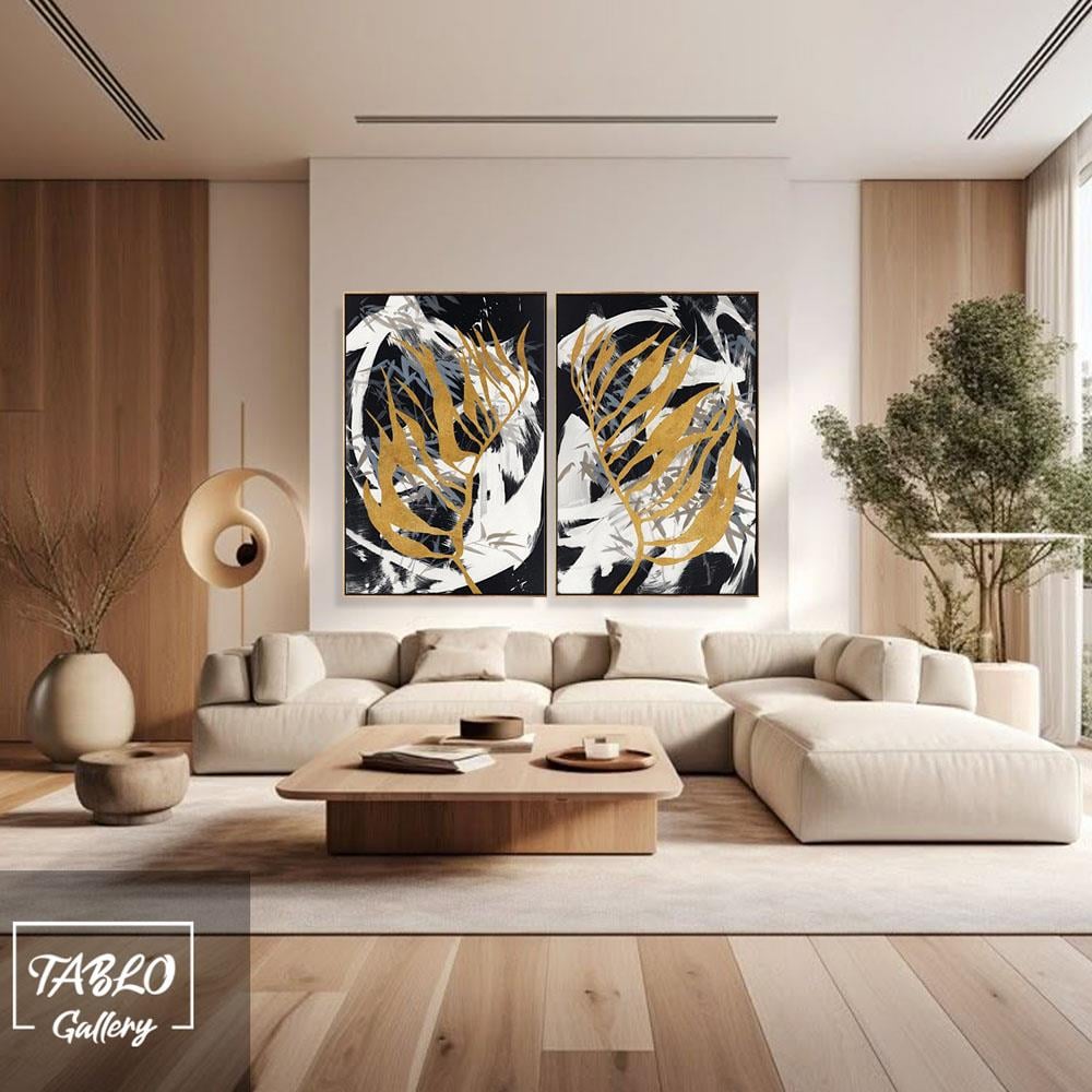 Siyah Gold Fırça Darbeleri Üzerine Gold Yapraklar 2'li Set Soyut Yağlı Boya Dokulu Tablo