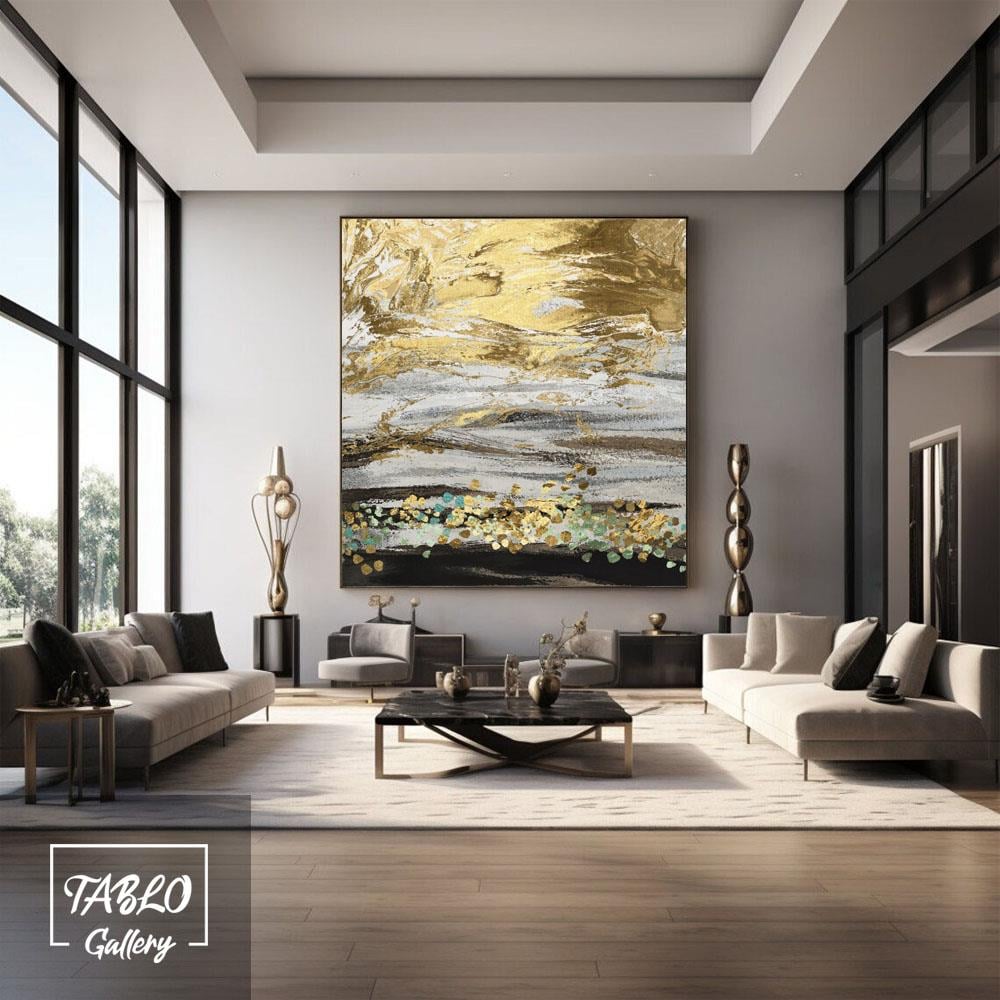 Siyah Renk Geçişleri Üzerine Gold Yansımalar Soyut Yağlı Boya Tablo