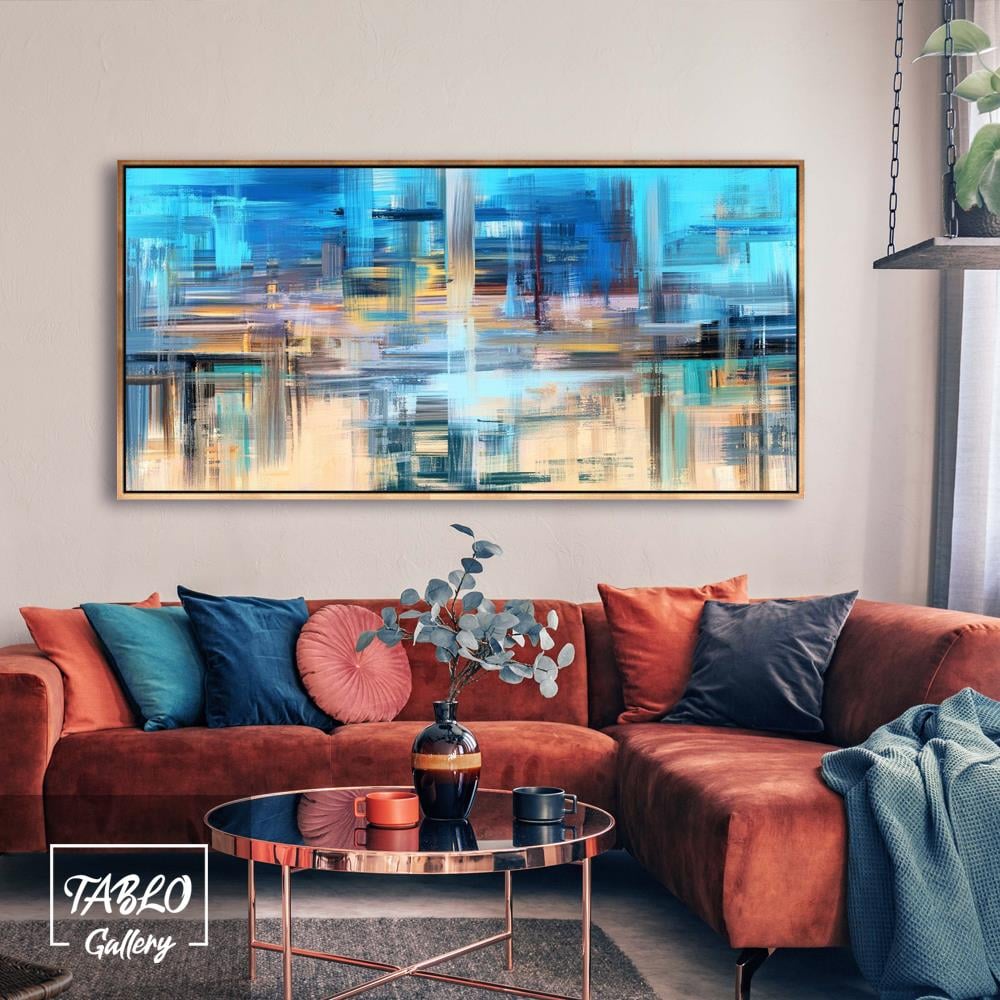 Turuncu Mavi Renk Geçişli Soyut Yağlı Boya Dokulu Tablo