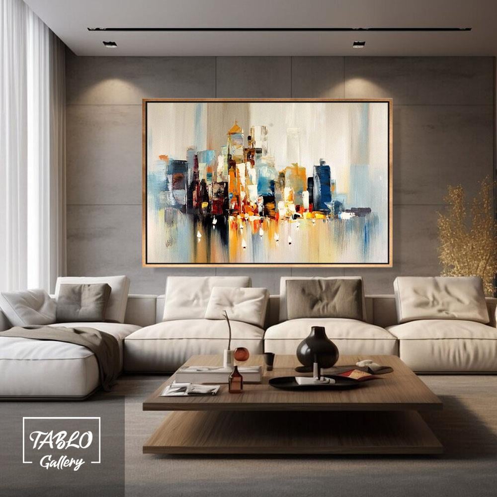 Turuncu Mavi Şehir Manzarası Soyut Yağlı Boya Dokulu Tablo