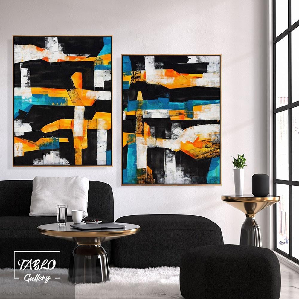Turuncu Mavi Siyah Beyaz 2'li Set Soyut Yağlı Boya Dokulu Tablo