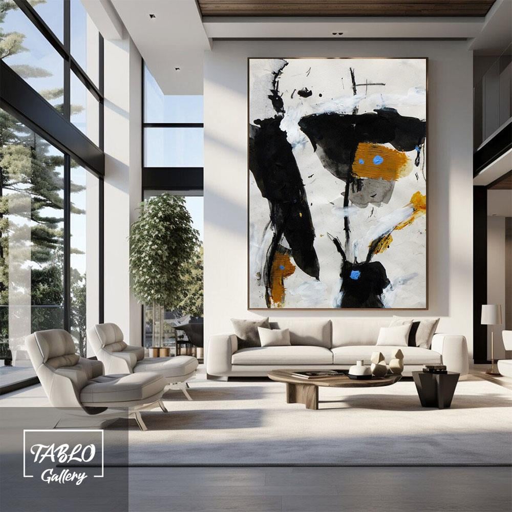 Turuncu Siyah Beyaz Fırça Darbeleri Soyut 3D Yoğun Yağlı Boya Dokulu Tablolar