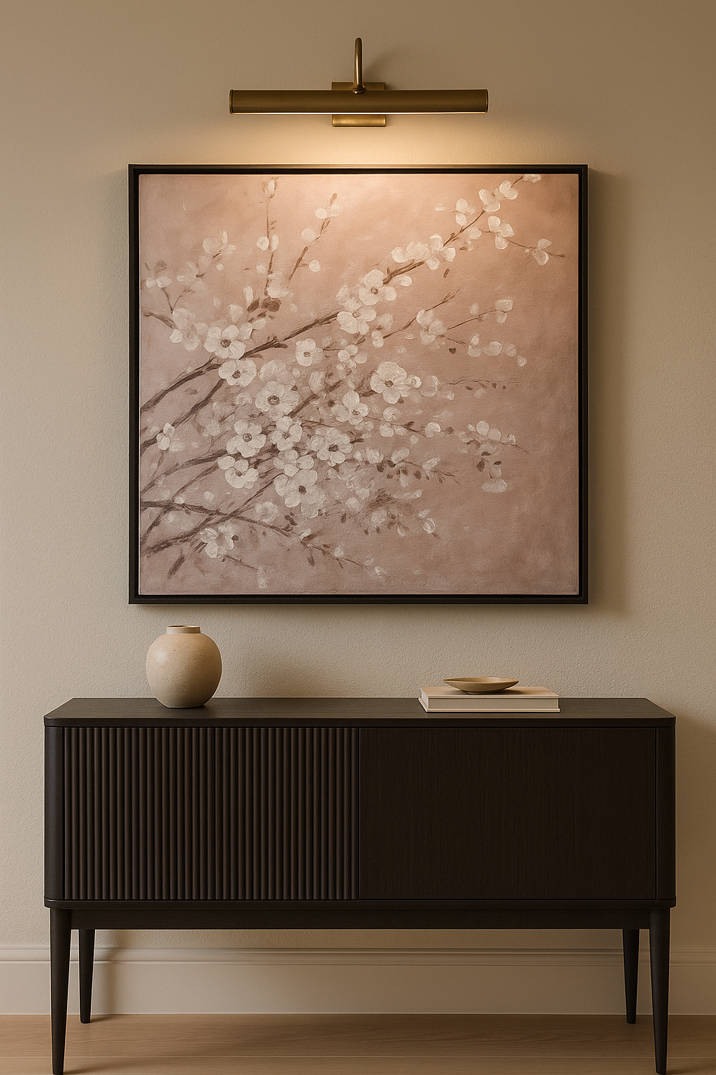 100x100 cm Bej Fon Üzerinde Beyaz Bahar Dalları Yağlı Boya Dokulu Tablo