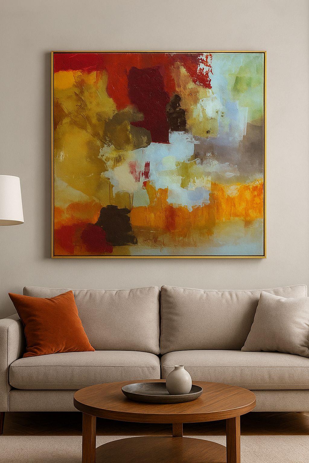 100x100 cm Kırmızı Mavi Turuncu Renkli Soyut Yağlı Boya Dokulu Tablo