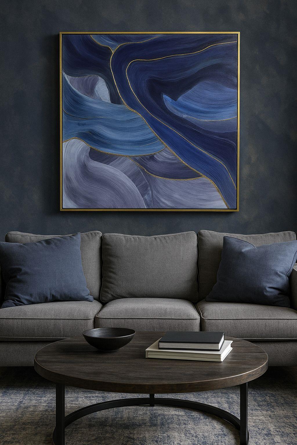 120x120 cm Mavi Tonları Soyut Yağlı Boya Dokulu Tablo