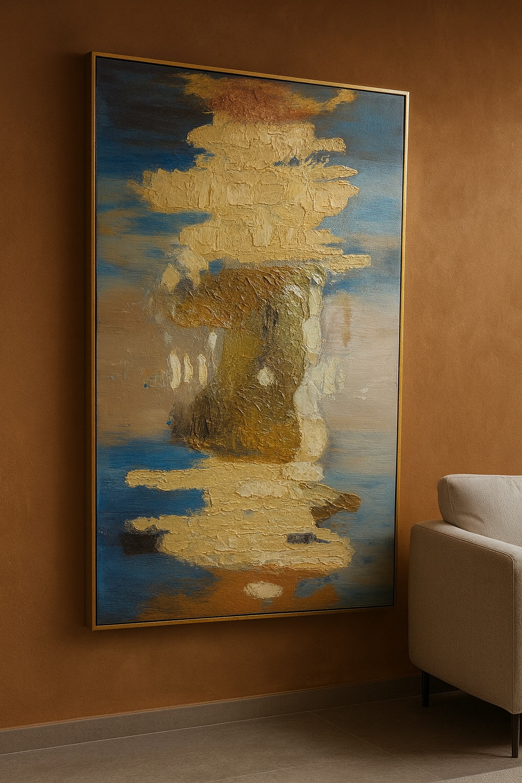 120x180 cm Mavi Gold Kiremit Soyut Yağlı Boya Dokulu Tablo