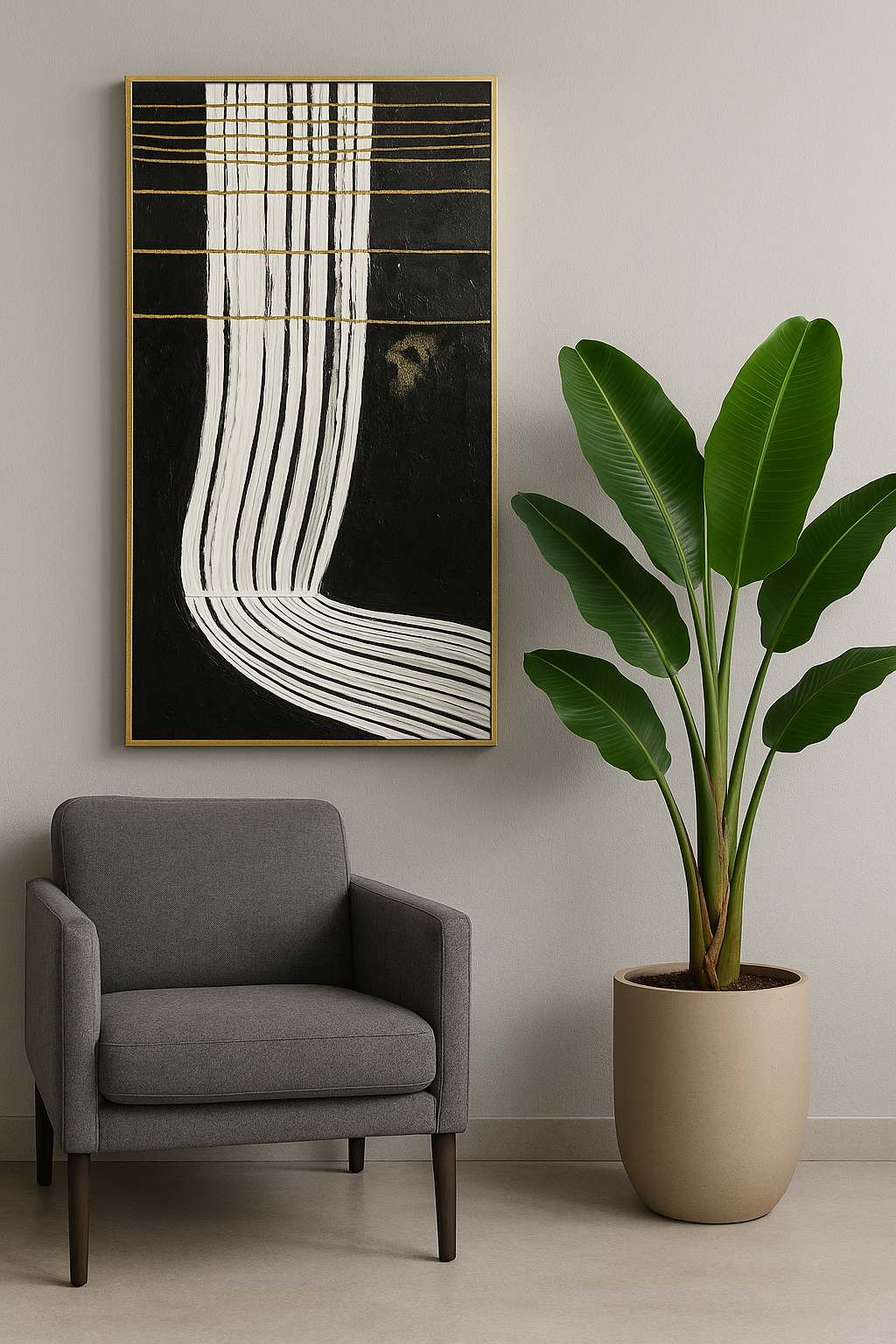 70x140 cm Siyah Beyaz Gold Fırça Darbeleri Soyut Yağlı Boya Dokulu Tablo