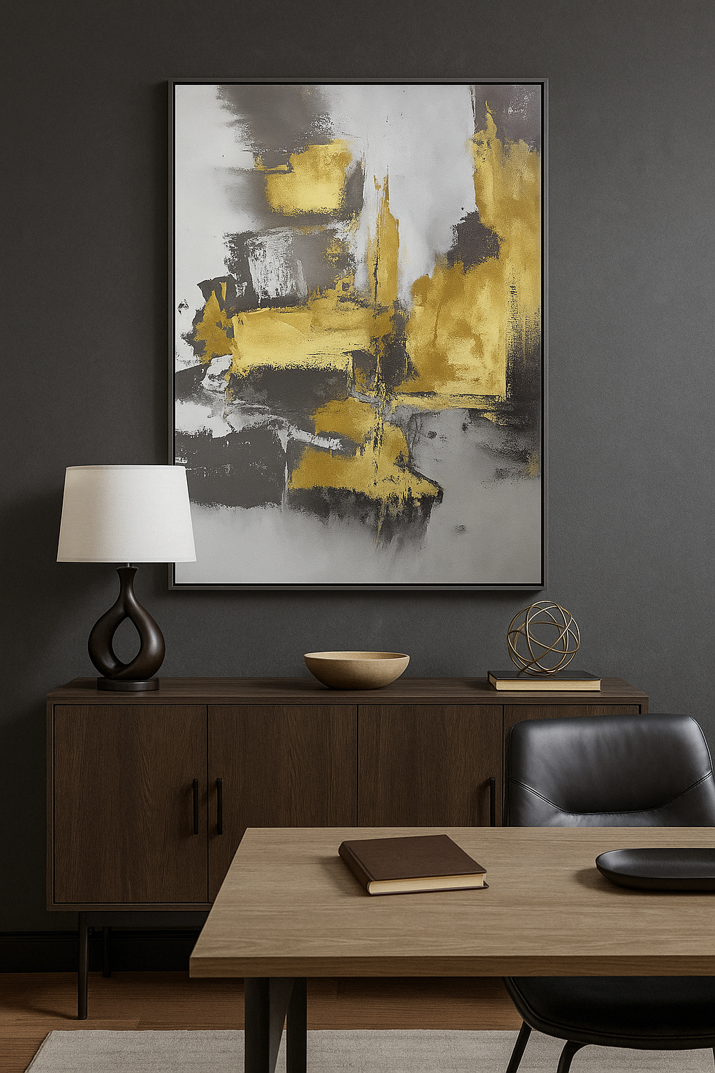 75x100 cm Antrasit Gold Fırça Darbeleri Soyut Yağlı Boya Dokulu Tablo