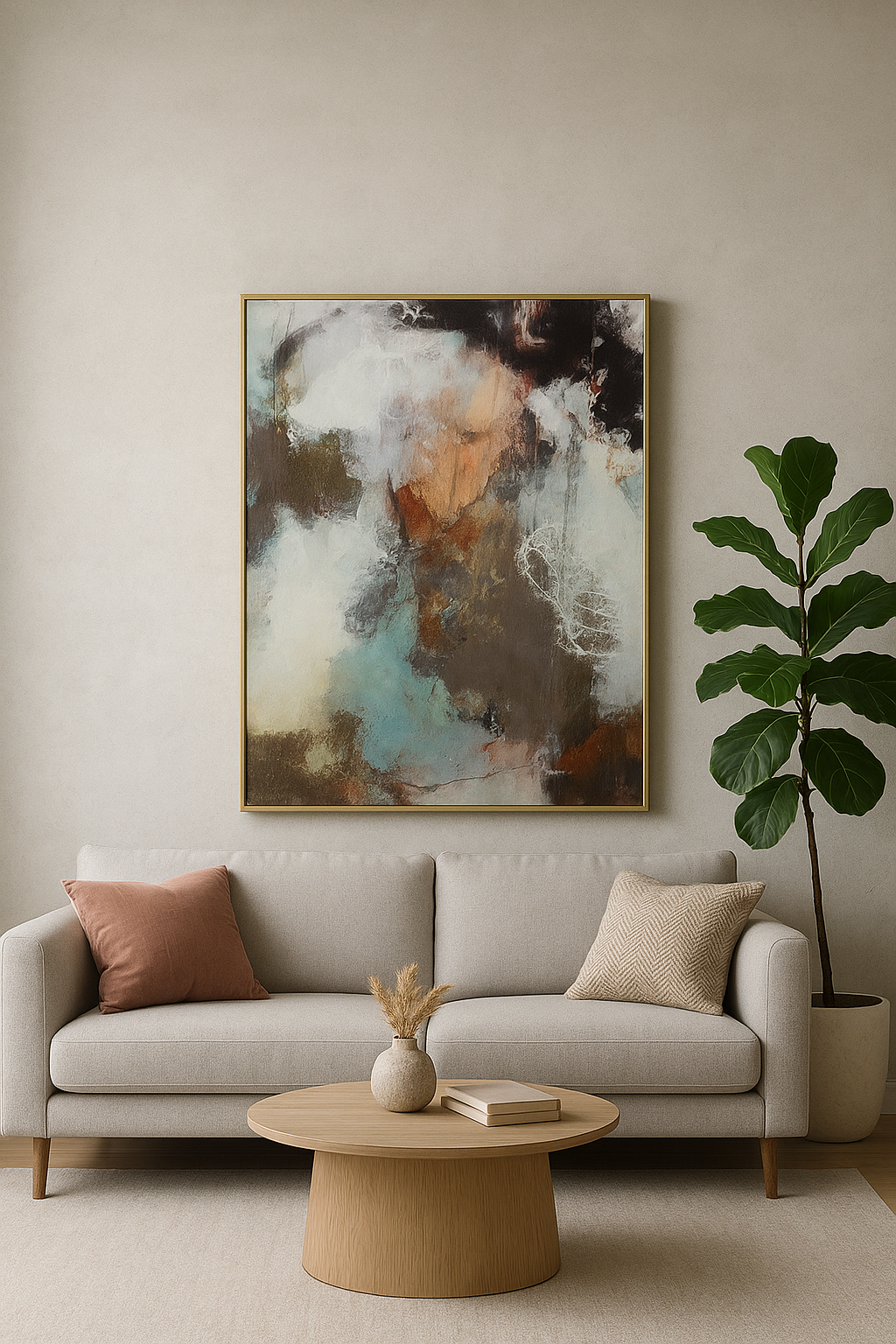 75x100 cm Turuncu Mavi Beyaz Fırça Darbeleri Soyut Yağlı Boya Dokulu Tablo