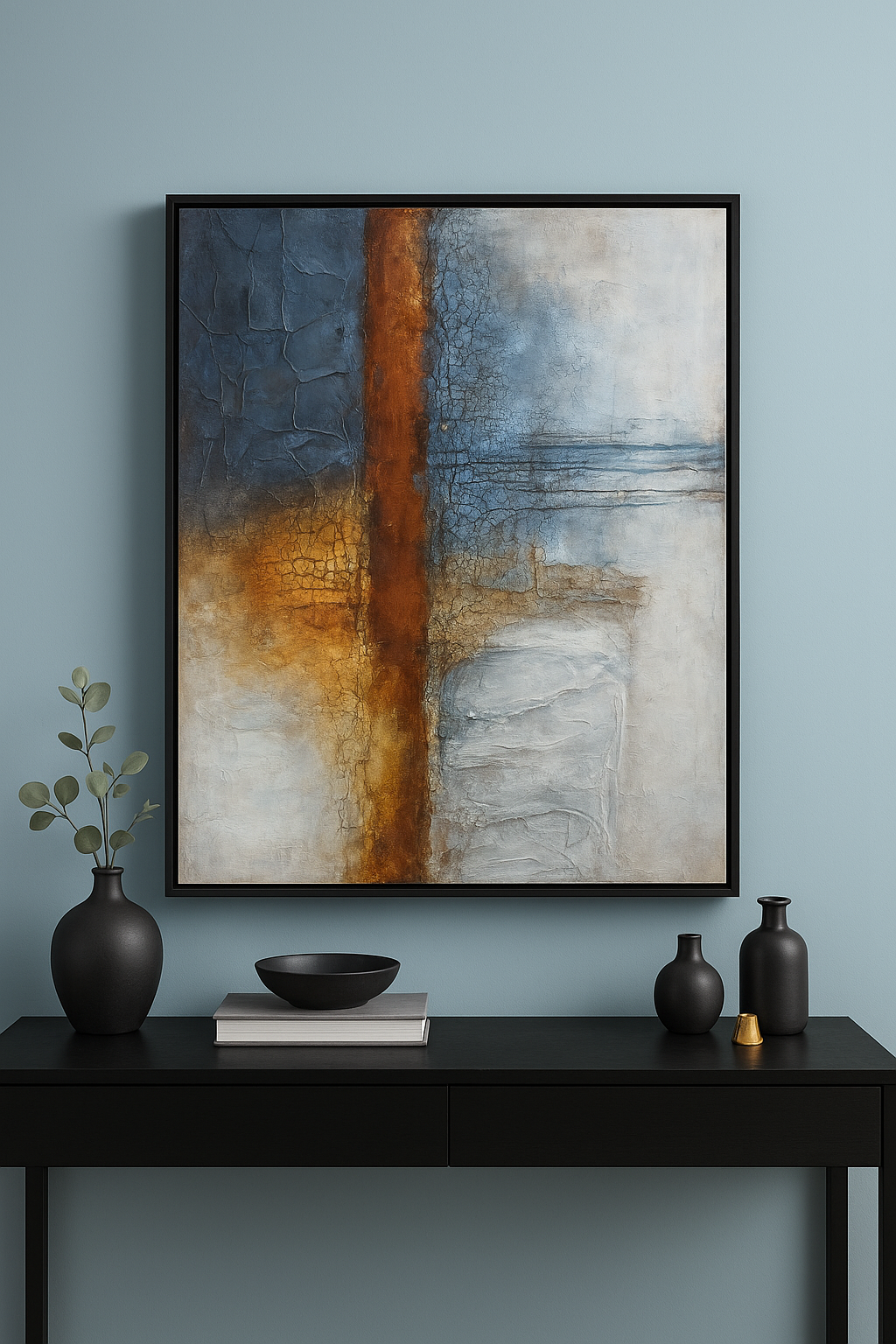 75x100 cm Turuncu Mavi Fırça Darbeleri Soyut Yağlı Boya Dokulu Tablo