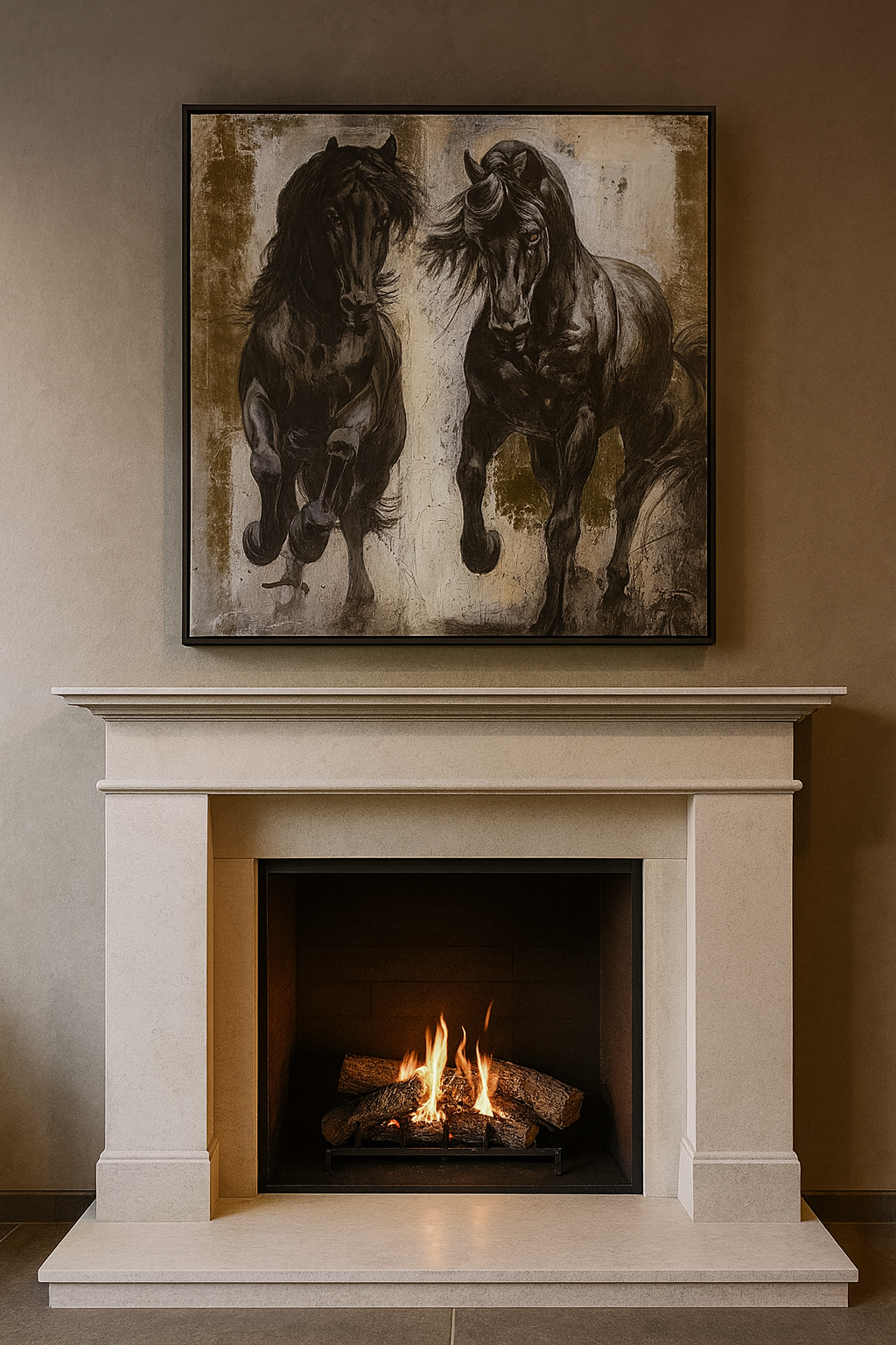80x80 cm Kahverengi Atlar Yağlı Boya Dokulu Tablo