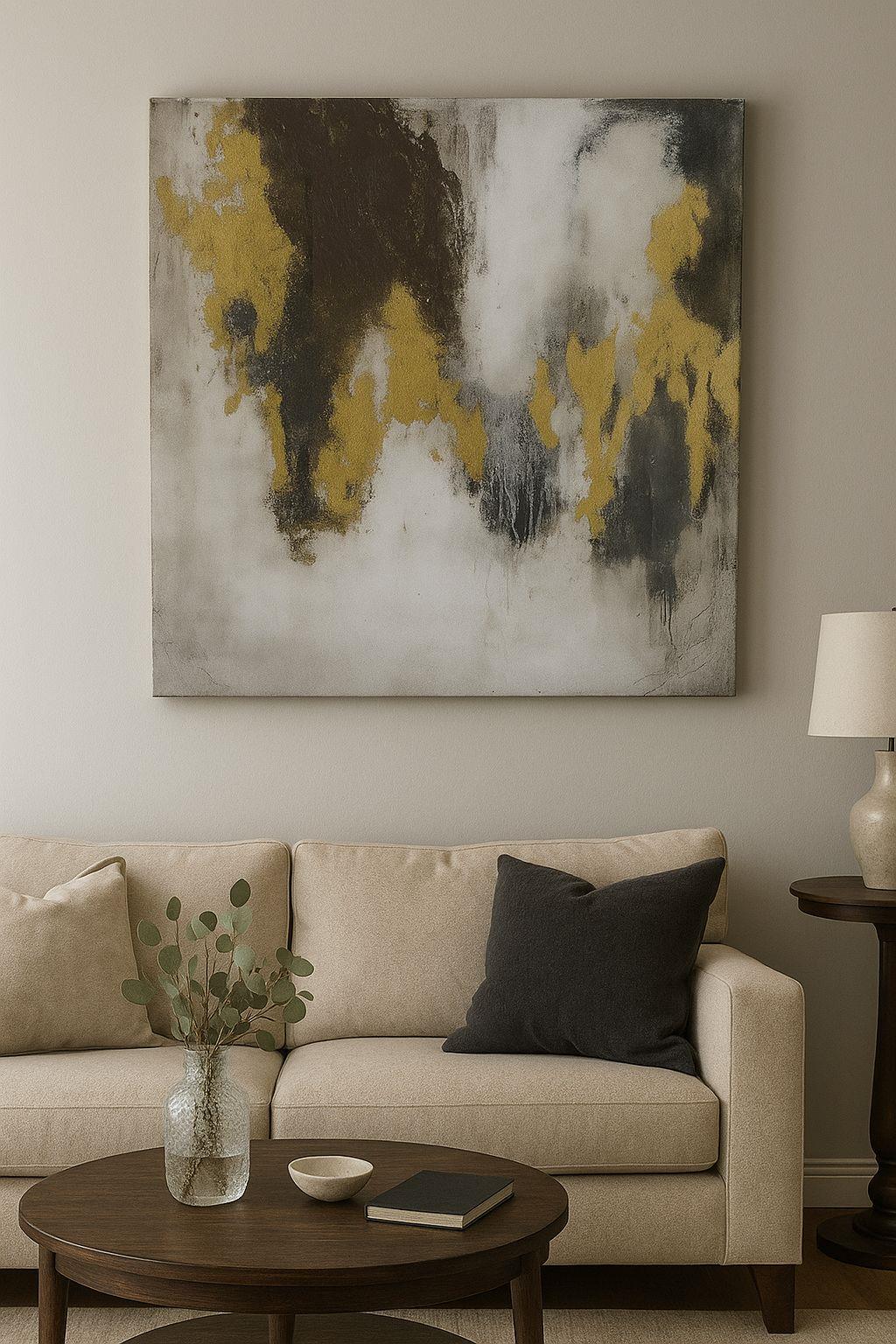 80x80 cm Kahverengi Gold Fırça Darbeleri Soyut Yağlı Boya Dokulu Tablo