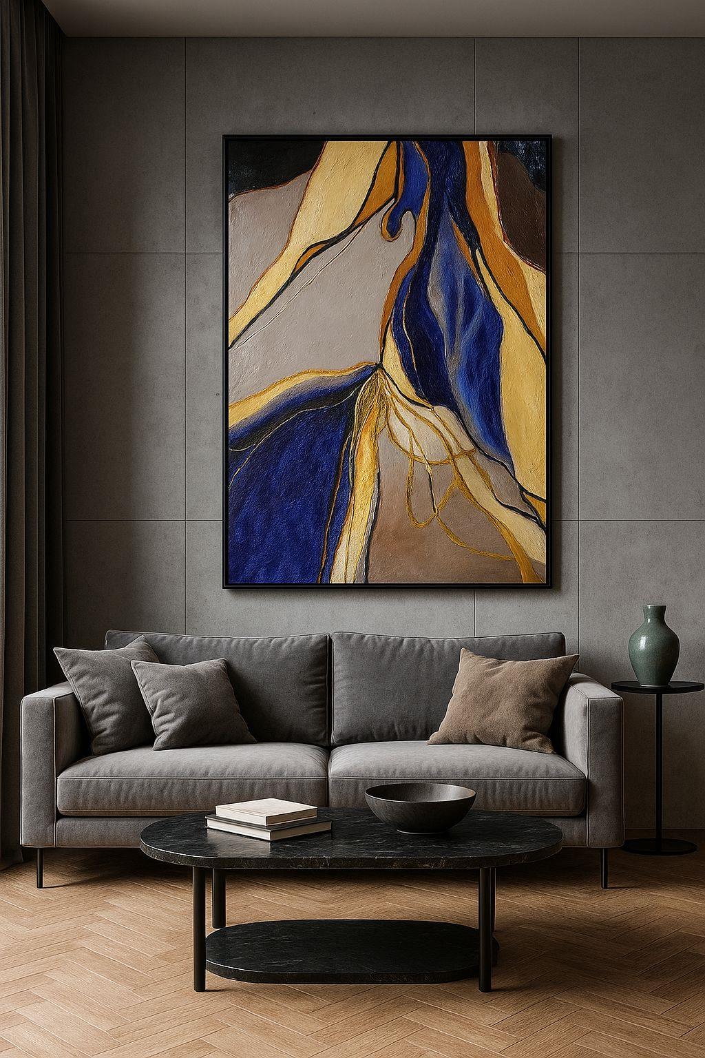 90x120 cm Lacivert Gold Sarı Soyut Yağlı Boya Dokulu Tablo