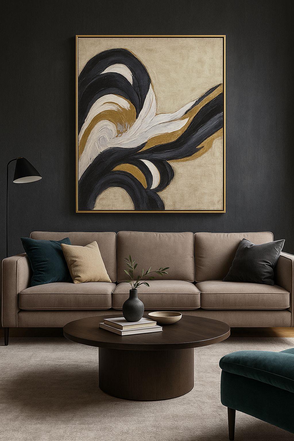 90x120 cm Yeşil Gold Bej Renkli Soyut Yağlı Boya Dokulu Tablo