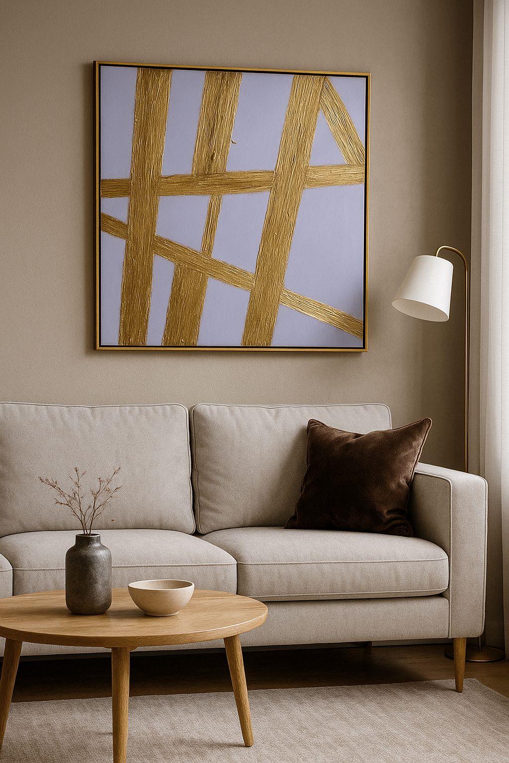 90x90 cm Gold Soyut Çizgiler Yağlı Boya Dokulu Tablo