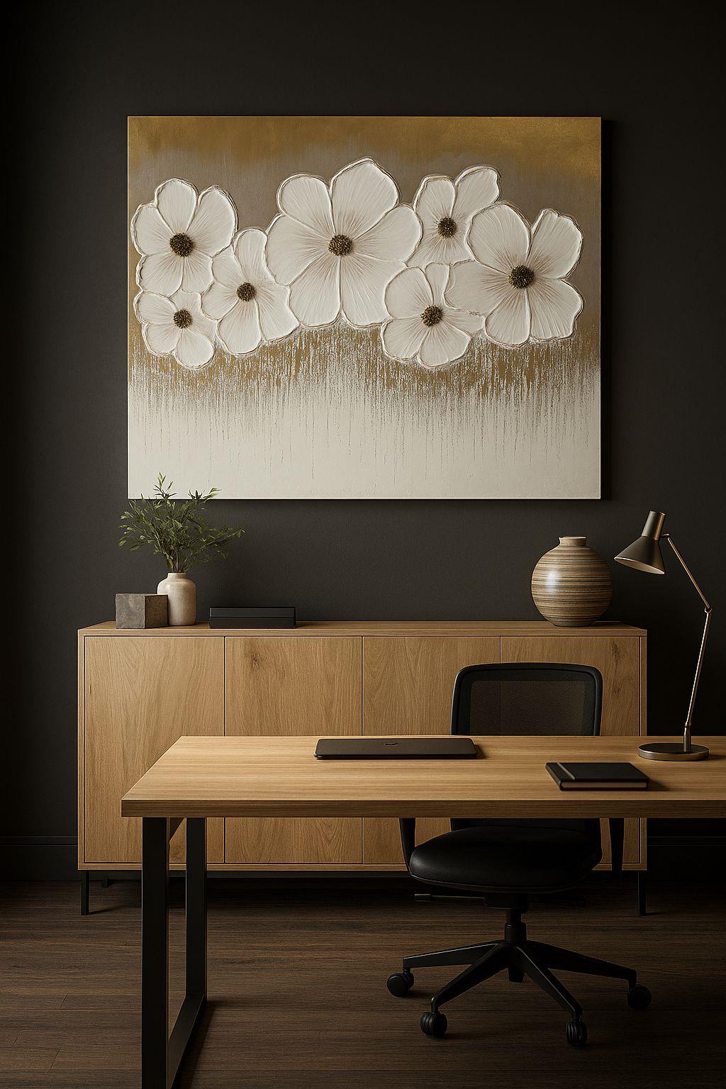 95x120 cm Gold Beyaz Çiçekler 3D Yoğun Yağlı Boya Dokulu Tablo
