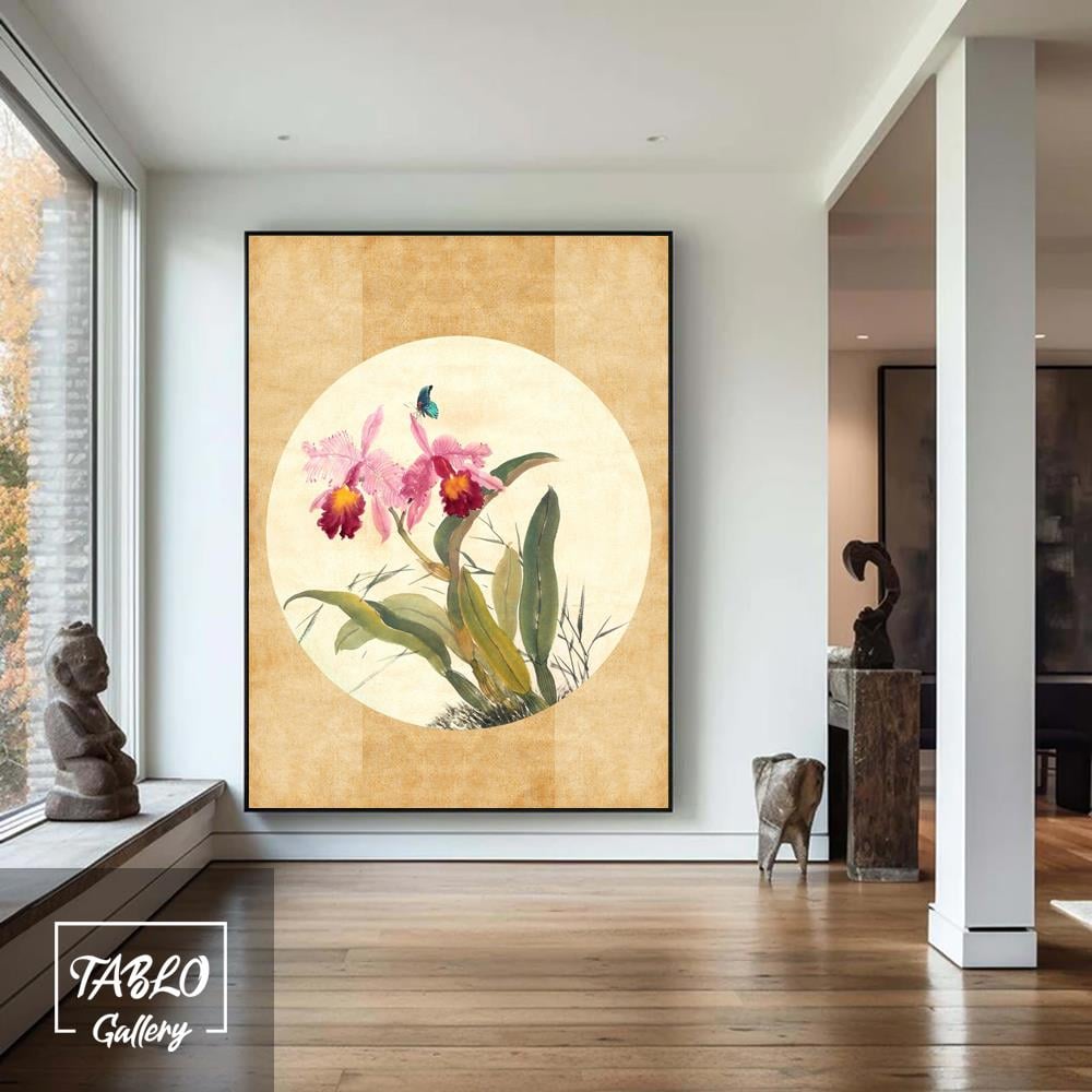 Bej Daire Fon Üzerinde Pembe Çiçekler Kanvas Tablo