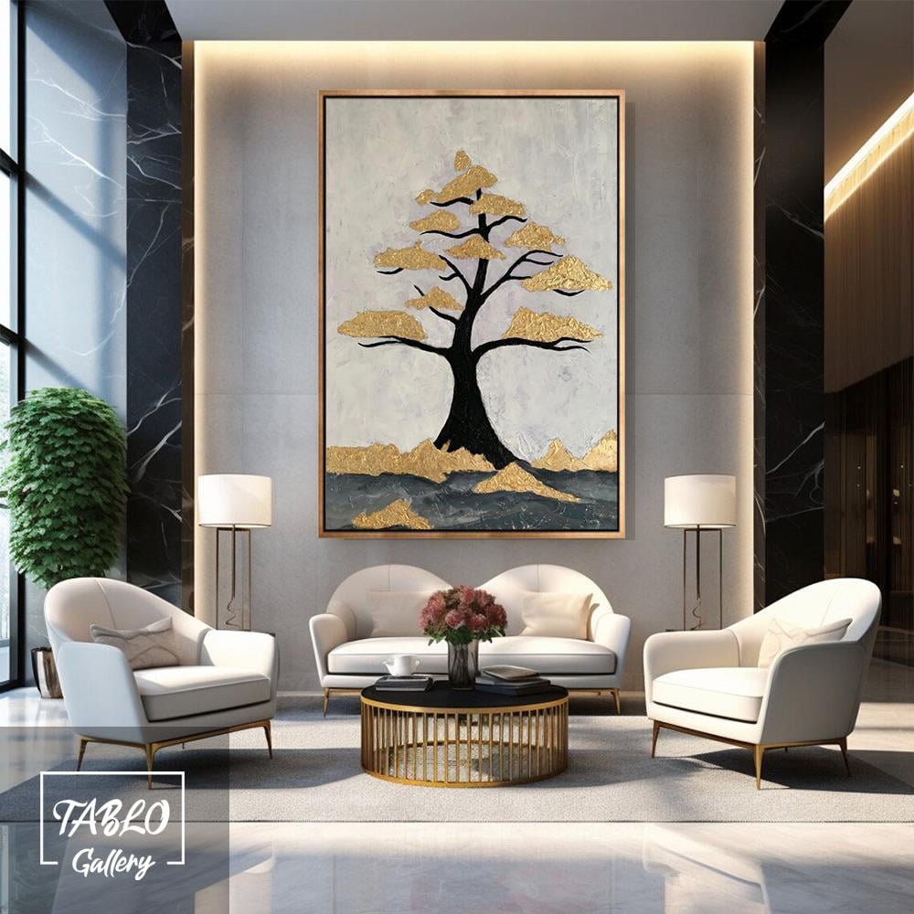 Bej Gold Ağaç Figürü Yağlı Boya Tablo